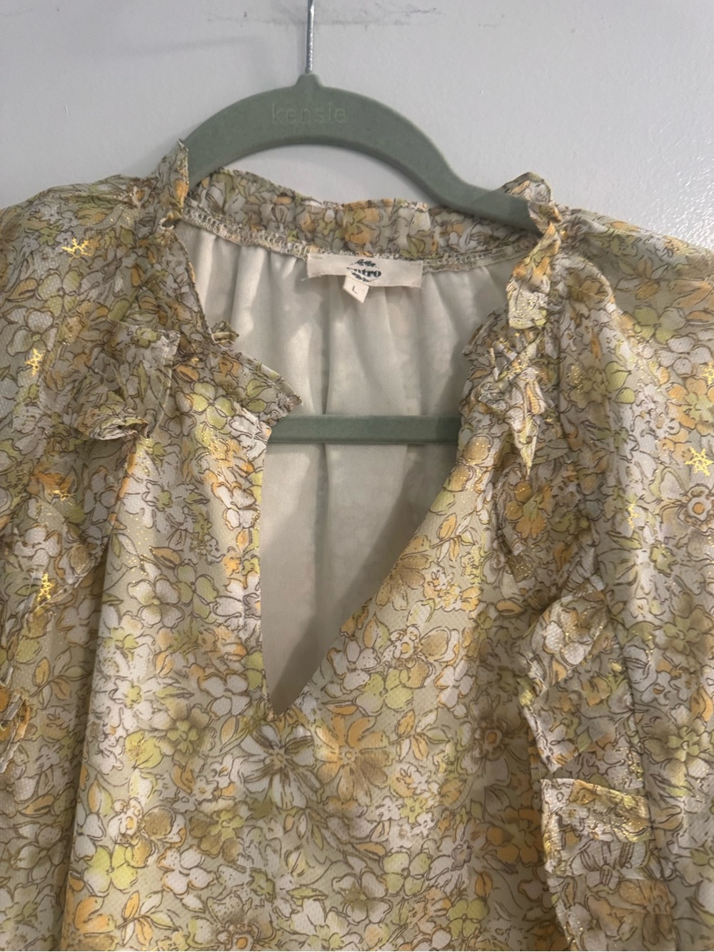 Entro Yellow Floral Ruffle V-Neck Blouse Large Boho Cottagecore Flutter top - Picture 3 of 7